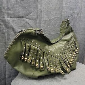 B. Makowsky Olive Green Fringed & Studded Metallic Leather Hobo Shoulder Bag